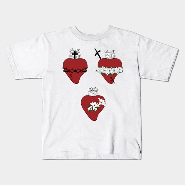 Hearts of Jesus, Virgin Mary and St. Joseph Kids T-Shirt by alinerope